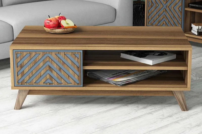 Hovdane Sofabord 105 cm med Oppbevaring 2 Hyller Linjer + Sk - Blå/Brun - Møbler - Bord - Sofabord