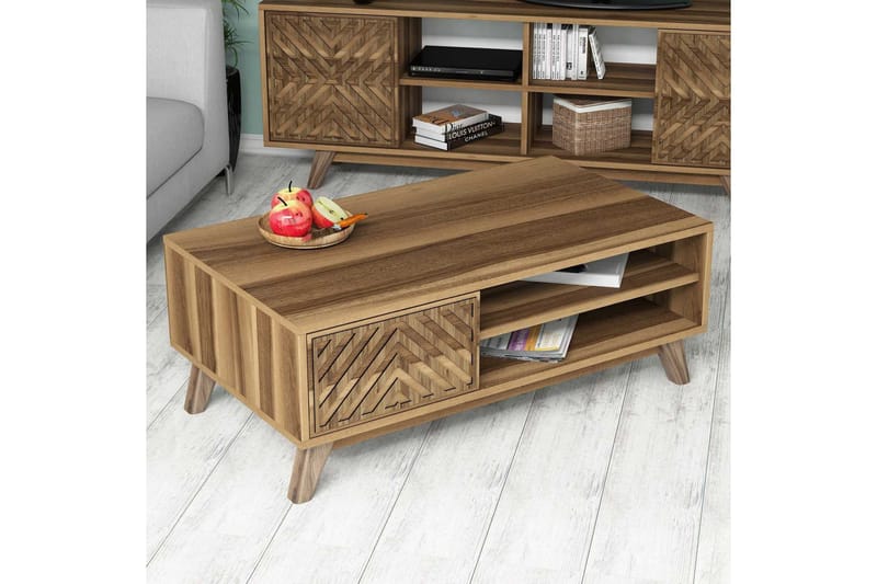 Hovdane Sofabord 105 cm med Oppbevaring 2 Hyller Linjer + Sk - Brun - Møbler - Bord - Sofabord