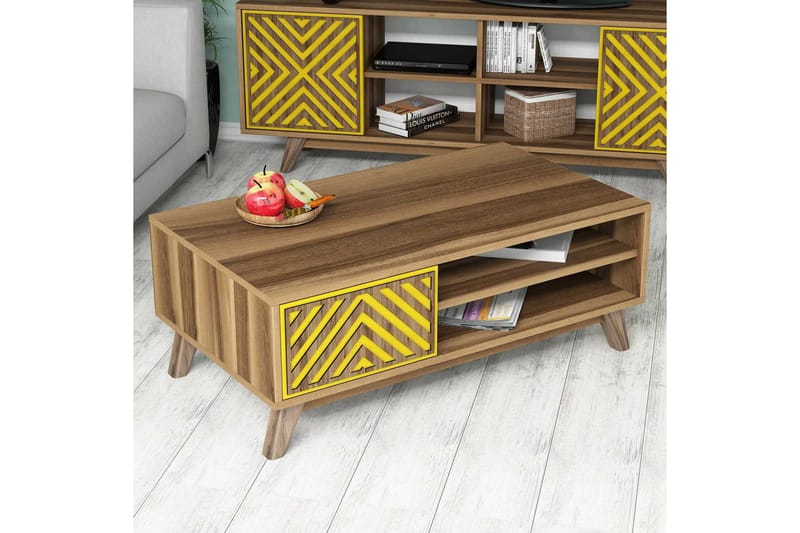 Hovdane Sofabord 105 cm med Oppbevaring 2 Hyller Linjer + Sk - Brun/Gul - Møbler - Bord - Sofabord