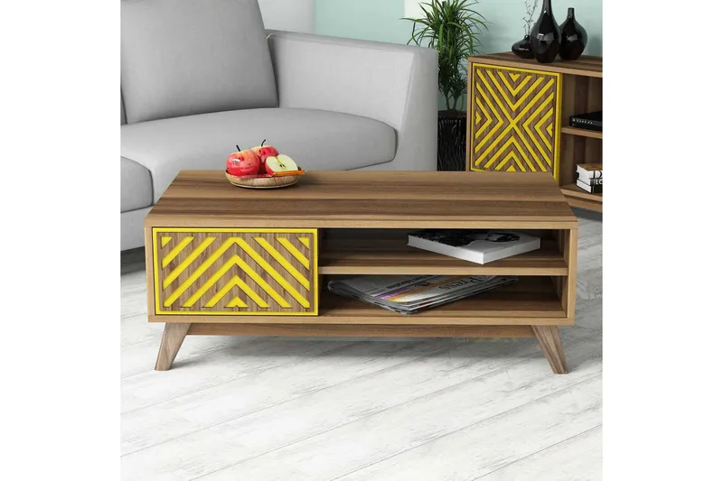 Hovdane Sofabord 105 cm med Oppbevaring 2 Hyller Linjer + Sk - Brun/Gul - Møbler - Bord - Sofabord