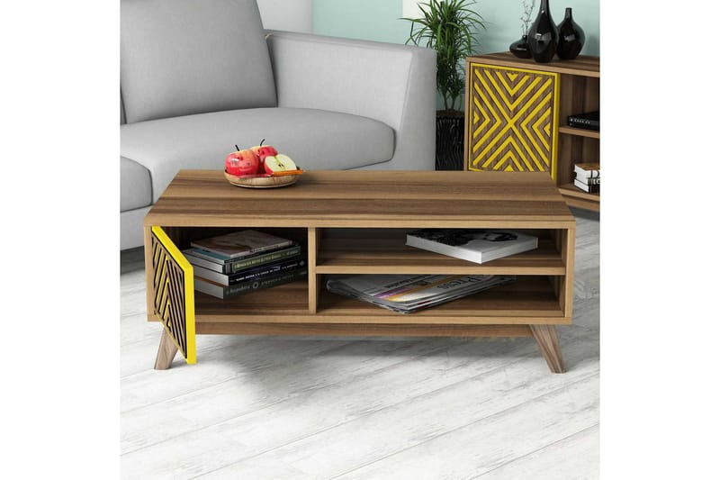 Hovdane Sofabord 105 cm med Oppbevaring 2 Hyller Linjer + Sk - Brun/Gul - Møbler - Bord - Sofabord