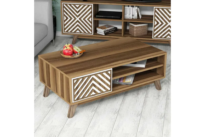 Hovdane Sofabord 105 cm med Oppbevaring 2 Hyller Linjer + Sk - Hvit/Brun - Møbler - Bord - Sofabord