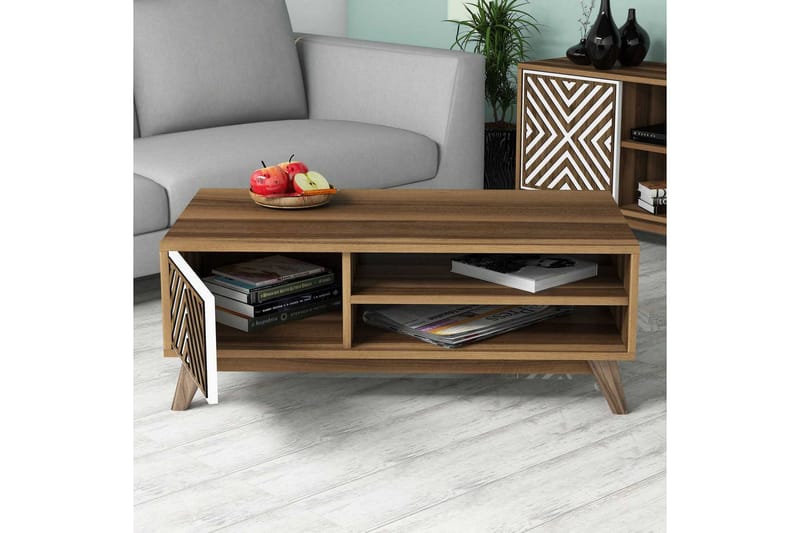 Hovdane Sofabord 105 cm med Oppbevaring 2 Hyller Linjer + Sk - Hvit/Brun - Møbler - Bord - Sofabord