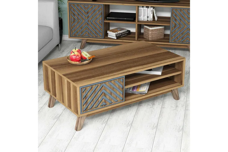 Hovdane Sofabord 105 cm med Oppbevaring 2 Hyller Linjer + Sk - Blå/Brun - Møbler - Bord - Sofabord