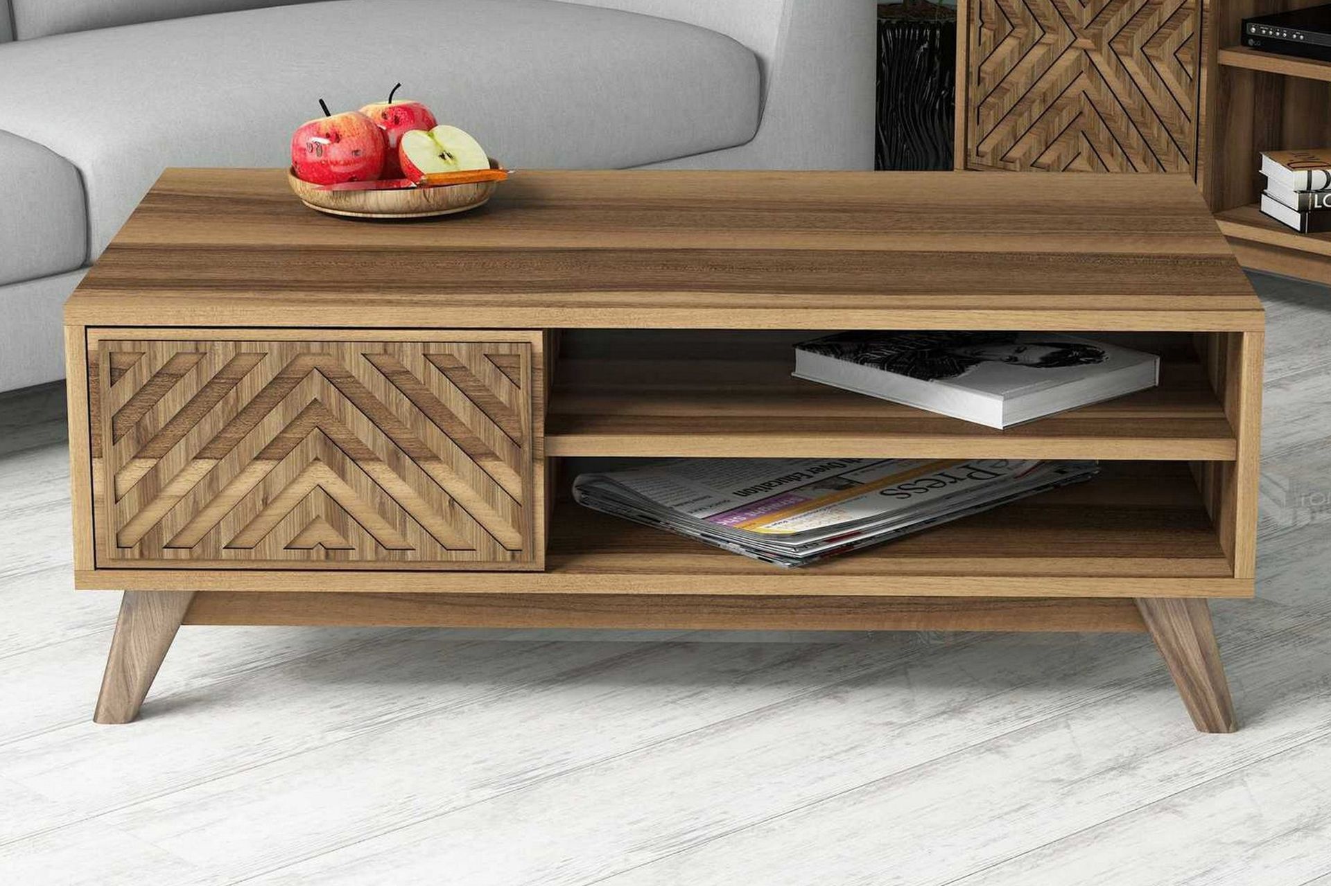 Hovdane Sofabord 105 cm med Oppbevaring 2 Hyller Linjer + Sk - Brun