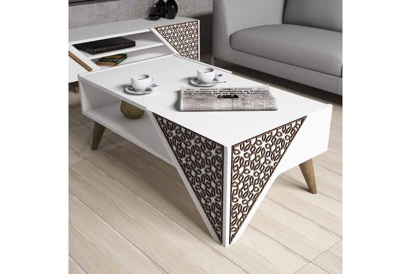 Hovdane Sofabord 105 cm med Oppbevaring Hylle Blomstermønste - Hvit/Brun - Møbler - Bord - Sofabord