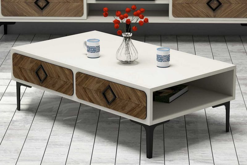 Hovdane Sofabord 105 cm med Oppbevaring Hylle Fiskbensmønste - Hvit/Brun - Møbler - Bord - Sofabord