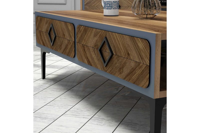 Hovdane Sofabord 105 cm med Oppbevaring Hylle Fiskebensmønst - Brun/Blå - Møbler - Bord - Sofabord