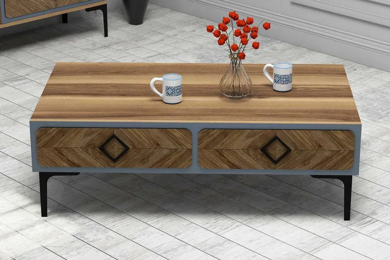 Hovdane Sofabord 105 cm med Oppbevaring Hylle Fiskebensmønst - Brun/Blå - Møbler - Bord - Sofabord