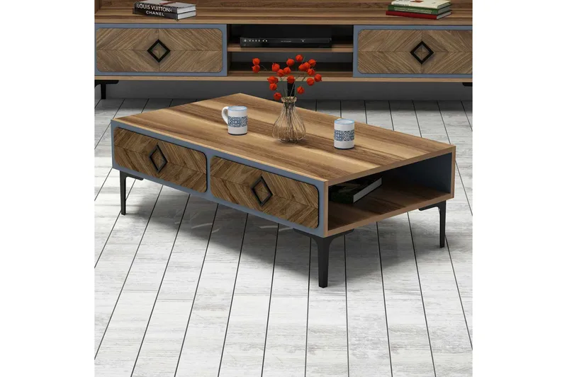 Hovdane Sofabord 105 cm med Oppbevaring Hylle Fiskebensmønst - Brun/Blå - Møbler - Bord - Sofabord