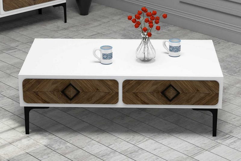Hovdane Sofabord 105 cm med Oppbevaring Hylle Fiskebensmønst - Hvit/Brun - Møbler - Bord - Sofabord