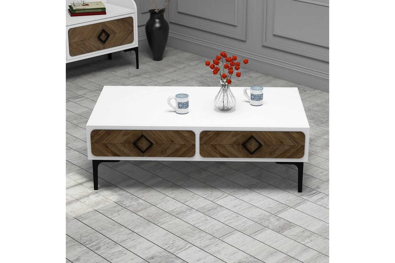 Hovdane Sofabord 105 cm med Oppbevaring Hylle Fiskebensmønst - Hvit/Brun - Møbler - Bord - Sofabord