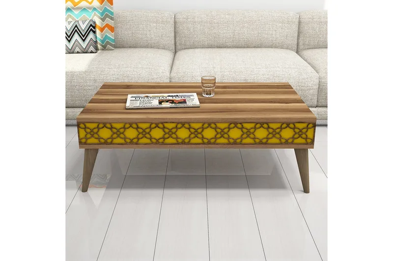 Hovdane Sofabord 105 cm med Oppbevaring Hylle KedjeMønster - Brun/Gul - Møbler - Bord - Sofabord