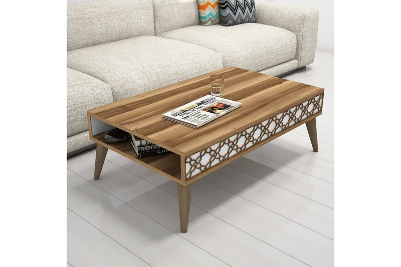 Hovdane Sofabord 105 cm med Oppbevaring Hylle KedjeMønster - Brun/Hvit - Møbler - Bord - Sofabord