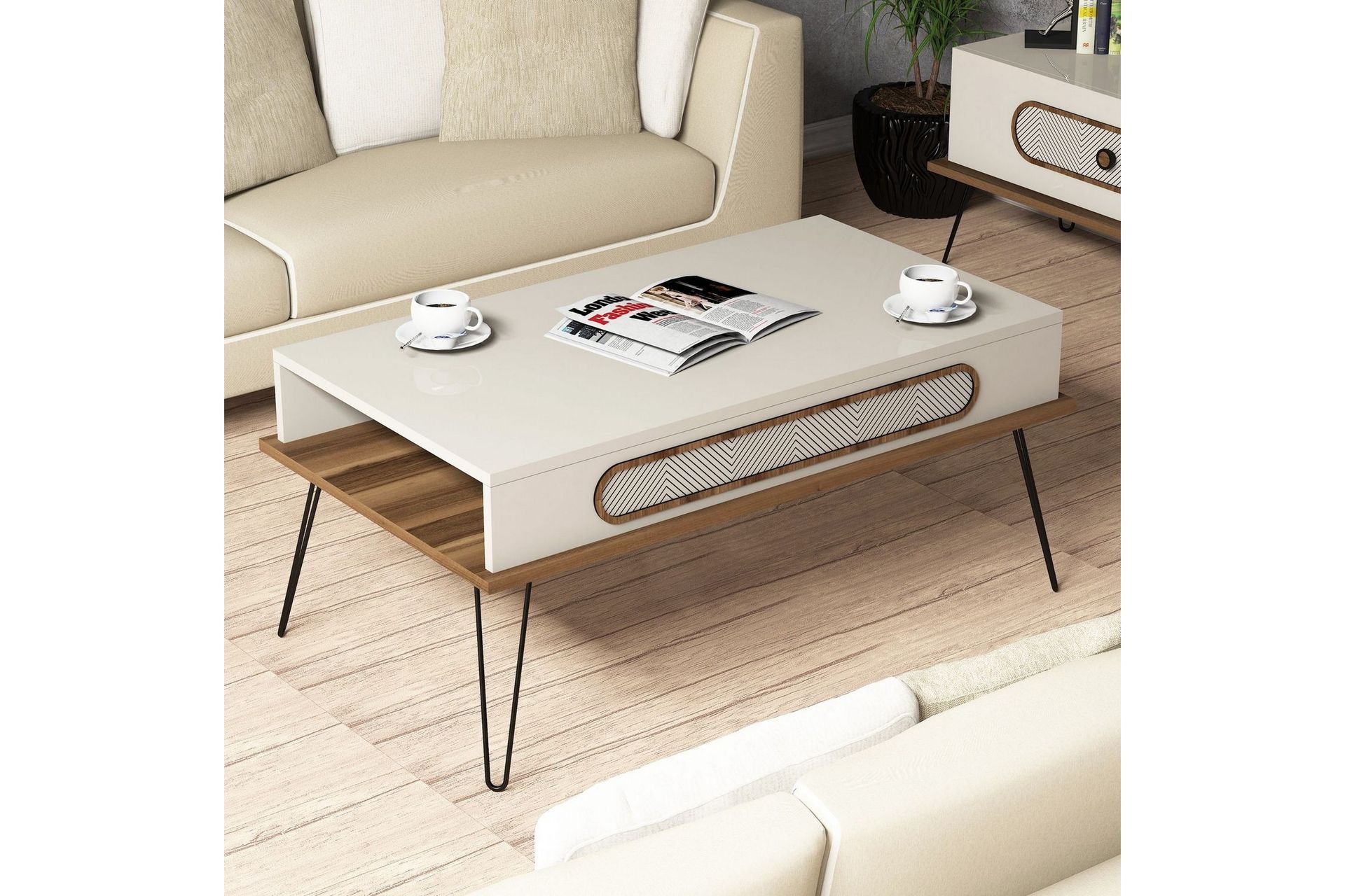 Hovdane Sofabord 105 cm med Oppbevaring Hylle TriangelMønste - Brun/Hvit - Møbler - Bord - Sofabord