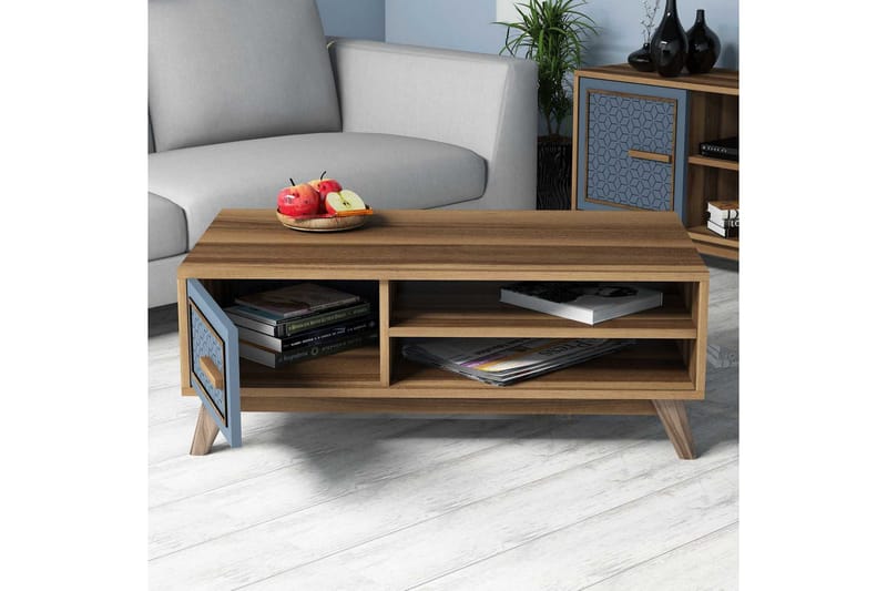 Hovdane Sofabord 105 cm Oppbevaring 2 Hyller+Skåp Diamantmøn - Brun/Blå - Møbler - Bord - Sofabord