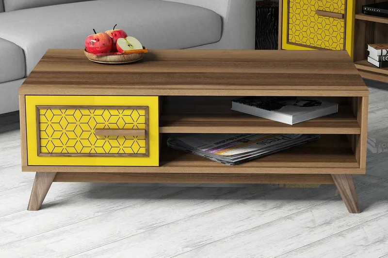 Hovdane Sofabord 105 cm Oppbevaring 2 Hyller+Skåp Diamantmøn - Brun/Gul/Eik - Møbler - Bord - Sofabord