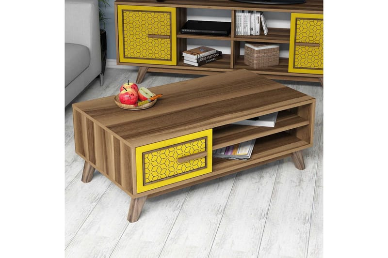 Hovdane Sofabord 105 cm Oppbevaring 2 Hyller+Skåp Diamantmøn - Brun/Gul/Eik - Møbler - Bord - Sofabord