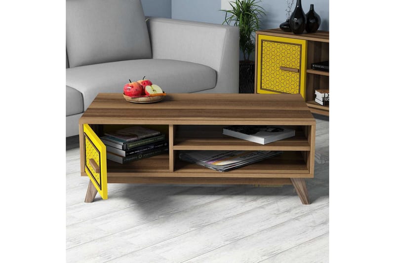 Hovdane Sofabord 105 cm Oppbevaring 2 Hyller+Skåp Diamantmøn - Brun/Gul/Eik - Møbler - Bord - Sofabord