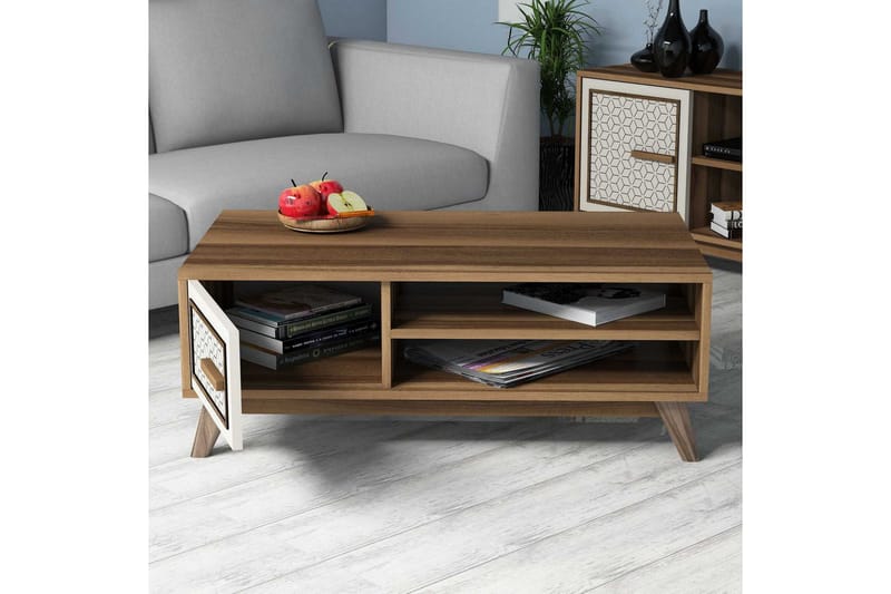 Hovdane Sofabord 105 cm Oppbevaring 2 Hyller+Skåp Diamantmøn - Brun/Hvit - Møbler - Bord - Sofabord