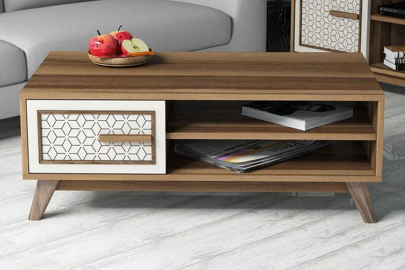 Hovdane Sofabord 105 cm Oppbevaring 2 Hyller+Skåp Diamantmøn - Brun/Hvit - Møbler - Bord - Sofabord