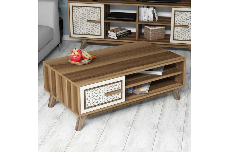 Hovdane Sofabord 105 cm Oppbevaring 2 Hyller+Skåp Diamantmøn - Brun/Hvit - Møbler - Bord - Sofabord