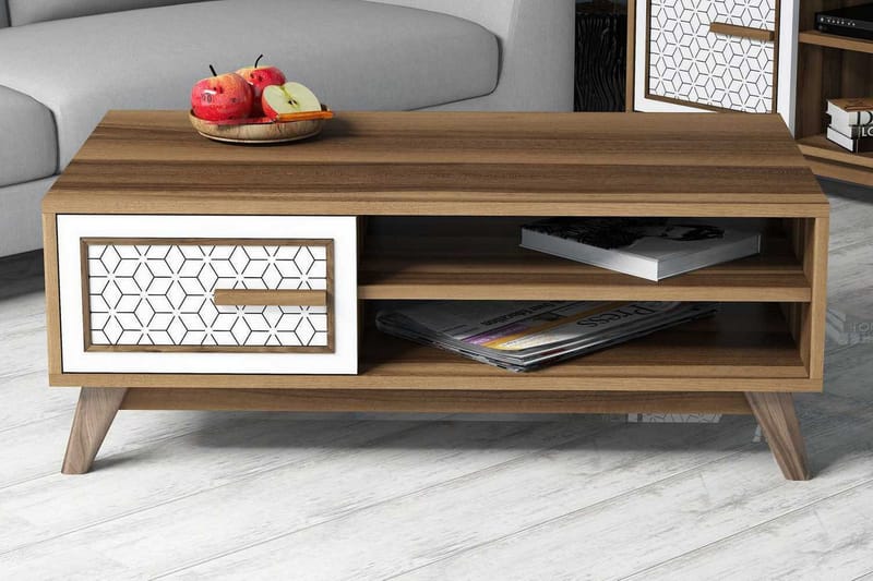 Hovdane Sofabord 105 cm Oppbevaring 2 Hyller+Skåp DiamantMøn - Eik/Hvit/Brun - Møbler - Bord - Sofabord