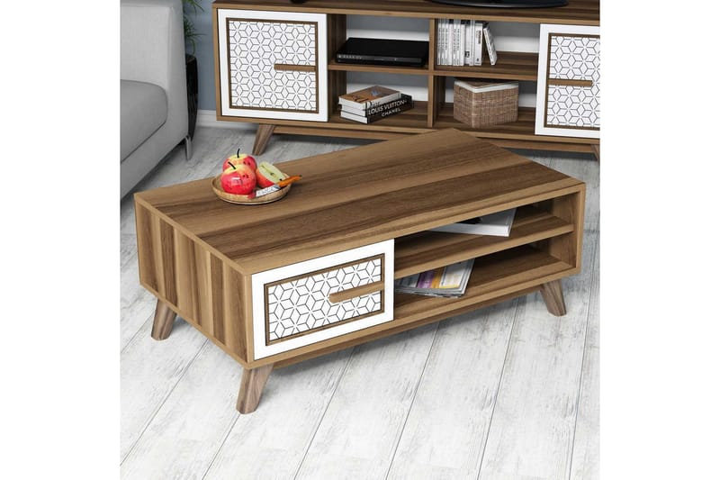 Hovdane Sofabord 105 cm Oppbevaring 2 Hyller+Skåp DiamantMøn - Eik/Hvit/Brun - Møbler - Bord - Sofabord