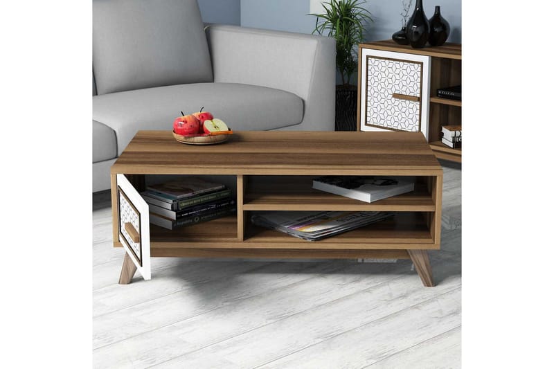 Hovdane Sofabord 105 cm Oppbevaring 2 Hyller+Skåp DiamantMøn - Eik/Hvit/Brun - Møbler - Bord - Sofabord