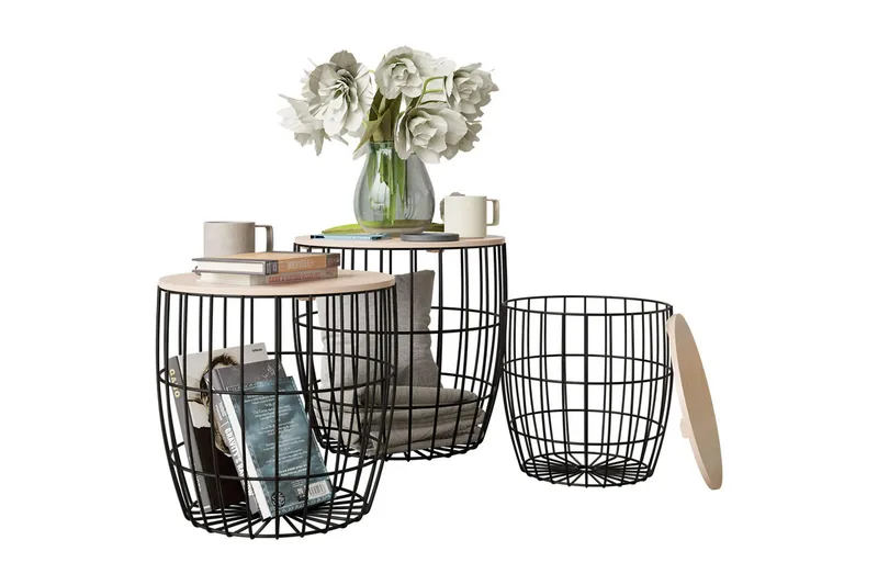 Howig Stablebart Rundt Sofabord med Lokk i Metall med Treplate, Svart|Beige