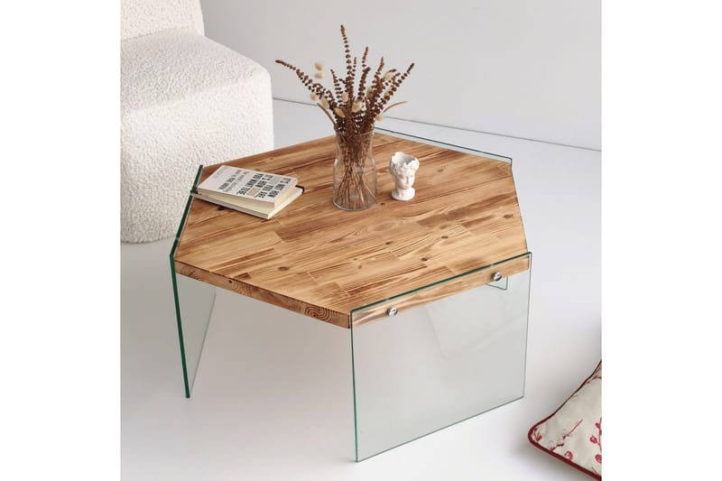 Huven 80 cm Hexagon Sofabord med Glassben i Furu - Natur - Møbler - Bord - Sofabord