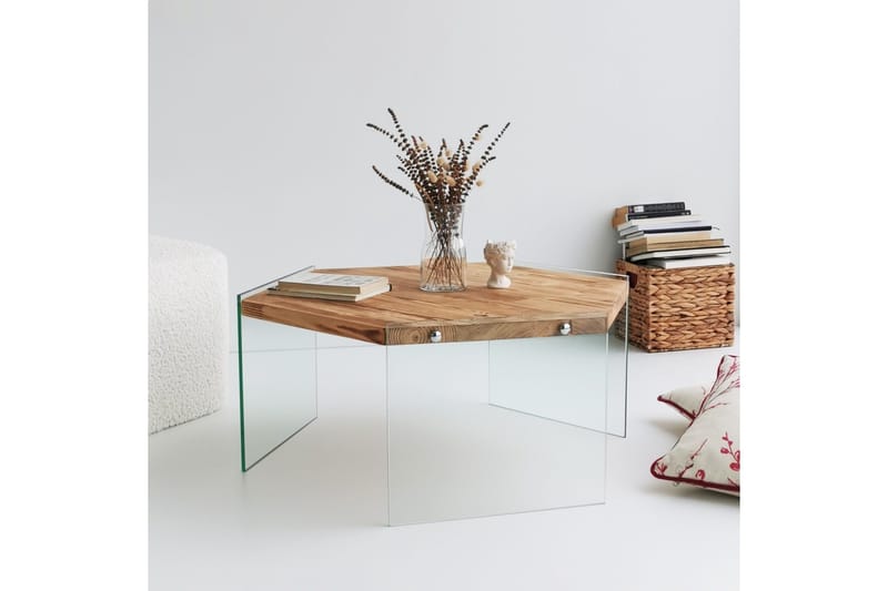 Huven 80 cm Hexagon Sofabord med Glassben i Furu - Natur - Møbler - Bord - Sofabord