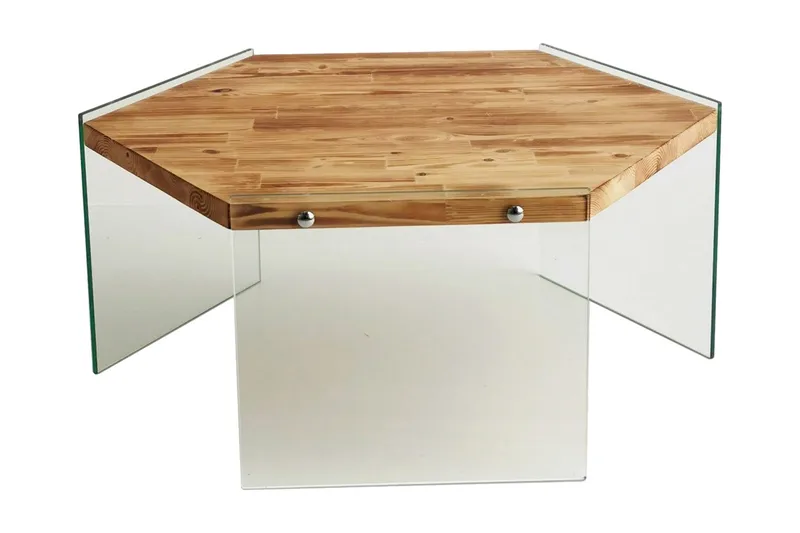 Huven 80 cm Hexagon Sofabord med Glassben i Furu, Natur