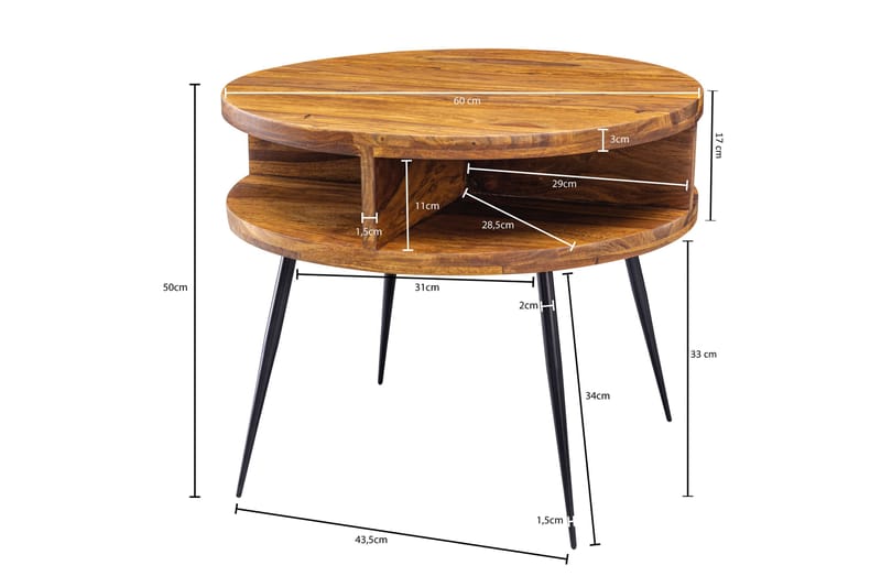 Irias Sofabord 60 cm med Oppbevaring Hylle Rundt - Massivt Tre/Svart - Møbler - Bord - Sofabord