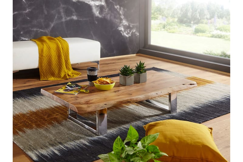 Kaiya Sofabord 115 cm - Akacia/Krom - Sammenleggbart bord - Speilbord - Sofabord - Sofabord med oppbevaring - Sofabord med hjul - Hev og senkbart sofabord