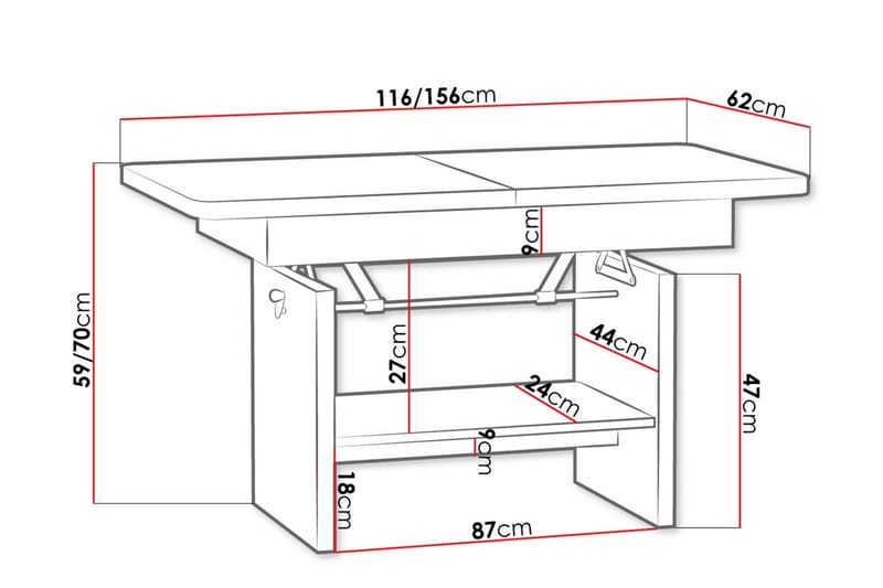 Kanej Sofabord 116 cm Hev- og Senkbart med Oppbevaringshylle - Grå - Møbler - Bord - Sofabord