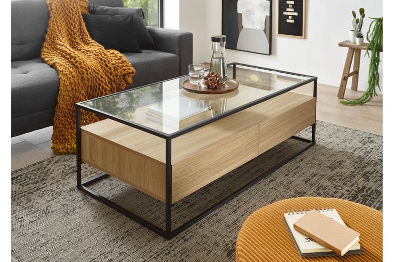 Karysma Sofabord 120 cm med Oppbevaring 2 Skuffer + Hylle - Glass/EikdEikor/Svart - Sofabord