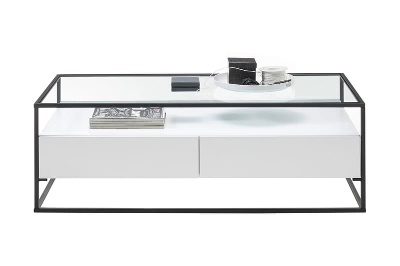 Karysma Sofabord 120 cm med Oppbevaring 2 Skuffer + Hylle - Glass/Hvit - Møbler - Bord - Sofabord