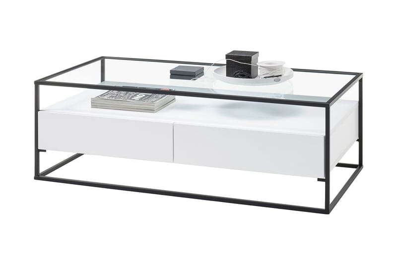 Karysma Sofabord 120 cm med Oppbevaring 2 Skuffer + Hylle - Glass/Hvit - Møbler - Bord - Sofabord