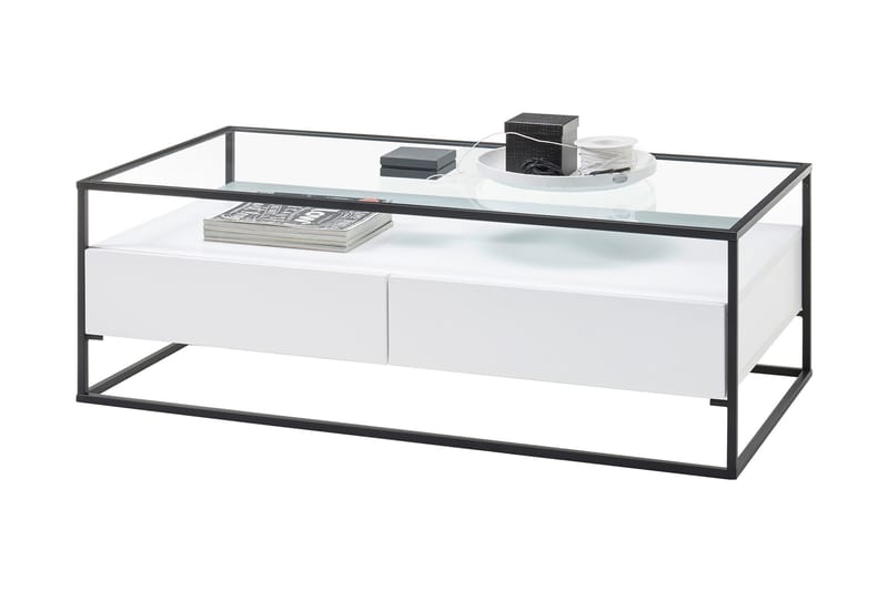Karysma Sofabord 120 cm med Oppbevaring 2 Skuffer + Hylle - Glass/Hvit - Sofabord