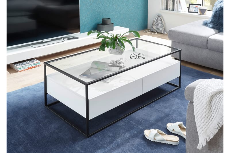 Karysma Sofabord 120 cm med Oppbevaring 2 Skuffer + Hylle - Glass/Hvit - Møbler - Bord - Sofabord