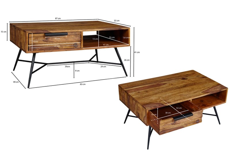Kimbal Sofabord 87 cm med Oppbevaring Skuff + Hylle - Massivt Tre/Svart - Møbler - Bord - Sofabord
