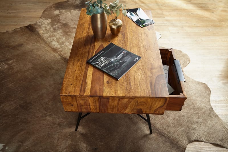 Kimbal Sofabord 87 cm med Oppbevaring Skuff + Hylle - Massivt Tre/Svart - Møbler - Bord - Sofabord