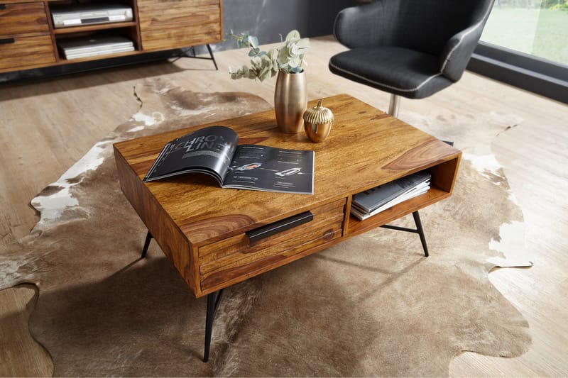 Kimbal Sofabord 87 cm med Oppbevaring Skuff + Hylle - Massivt Tre/Svart - Møbler - Bord - Sofabord