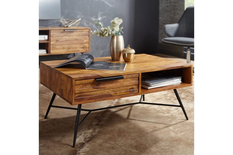 Kimbal Sofabord 87 cm med Oppbevaring Skuff + Hylle - Massivt Tre/Svart - Møbler - Bord - Sofabord