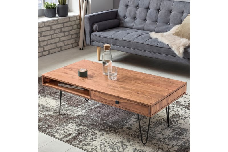 Langner Sofabord 60 cm med Oppbevaring 2 Skuffer + Hyller - Akacia/Svart - Møbler - Bord - Sofabord