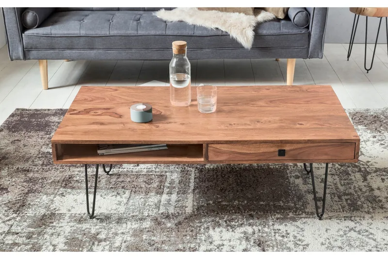 Langner Sofabord 60 cm med Oppbevaring 2 Skuffer + Hyller - Akacia/Svart - Møbler - Bord - Sofabord - Sofabord med oppbevaring