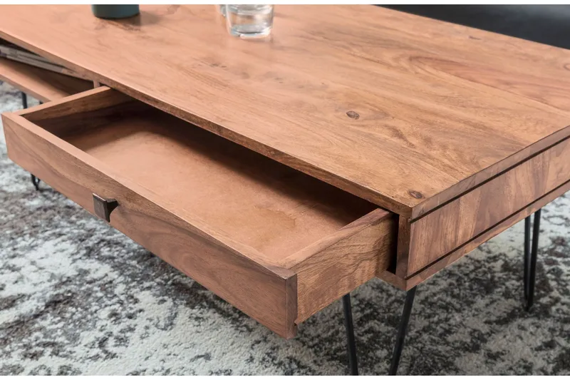 Langner Sofabord 60 cm med Oppbevaring 2 Skuffer + Hyller - Akacia/Svart - Møbler - Bord - Sofabord - Sofabord med oppbevaring