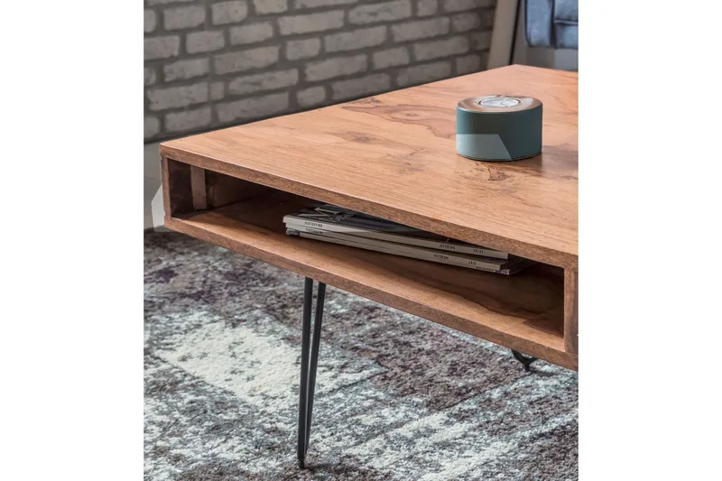 Langner Sofabord 60 cm med Oppbevaring 2 Skuffer + Hyller - Akacia/Svart - Møbler - Bord - Sofabord - Sofabord med oppbevaring