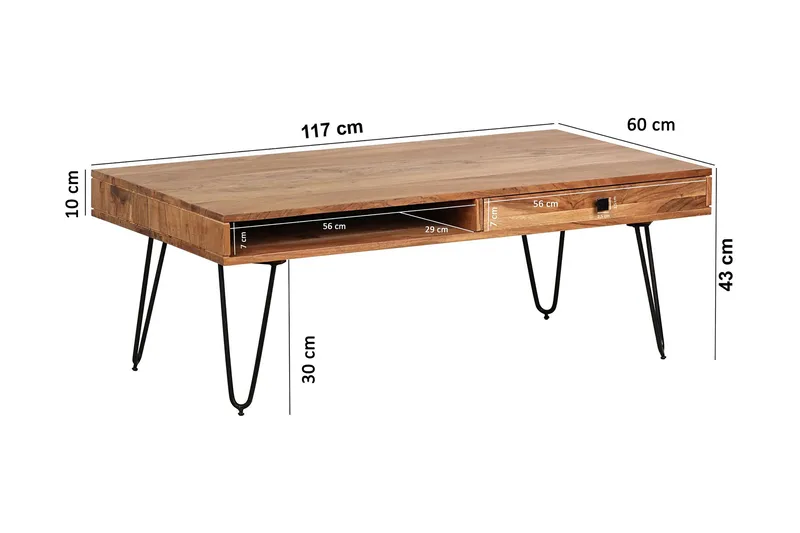 Langner Sofabord 60 cm med Oppbevaring 2 Skuffer + Hyller - Akacia/Svart - Møbler - Bord - Sofabord - Sofabord med oppbevaring